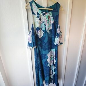 Anthropologie Maeve Elia Dress Teal Blue Floral Boho Size 14